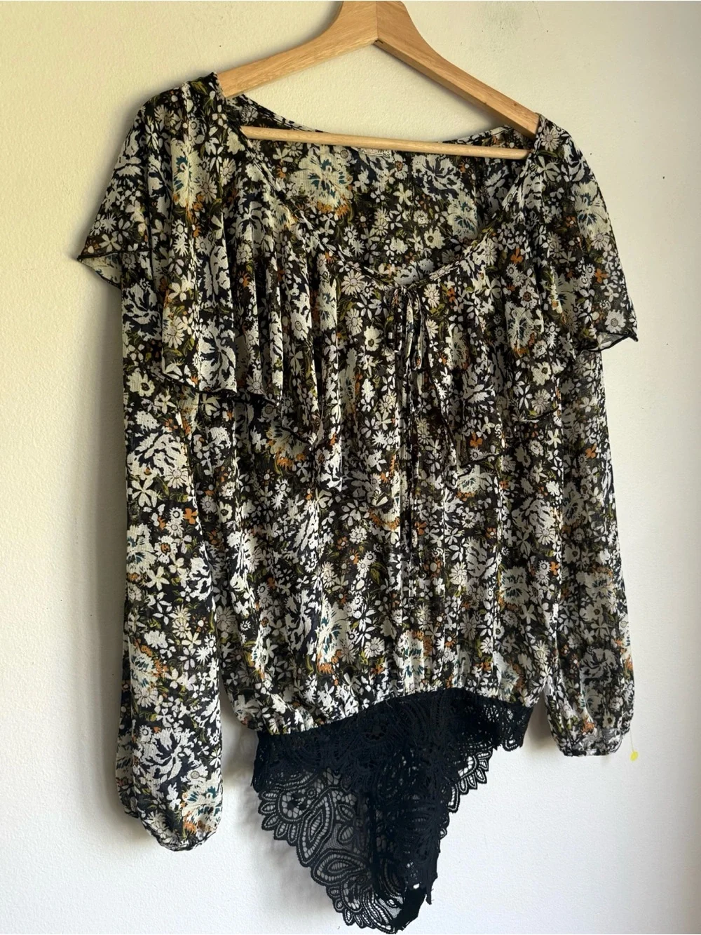 Free People Say It To Me Bodysuit Floral Lace Dolman Bell Sleeve